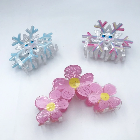 Molletta per Capelli in Acrilico con Stampa Fronte-Retro Fiocco di Neve Fiore Carina Faccina Sorridente Accessorio Capelli Donna