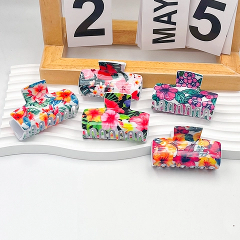 Eleganter PVC Tropischer Blumendruck Haarklammer Klein Süße Blume Haifisch-Clip Für Damen Mädchen Sommerurlaub Haarschmuck