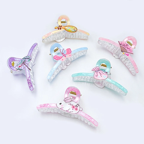 Pince à Cheveux en Acrylique de Style Chinois Grande Pince Requin Translucide avec Motifs Papillon Éventail Parapluie Accessoires de Cheveux Femme