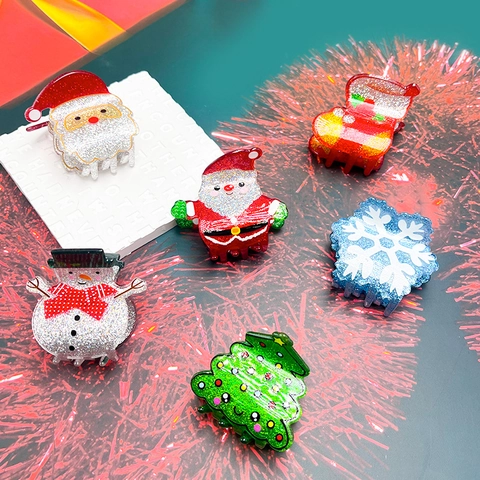 Pinza per Capelli Natalizia in Acrilico Glitterata per Donna Babbo Natale Pupazzo di Neve Albero Fiocco di Neve Festa Gioielli Capelli