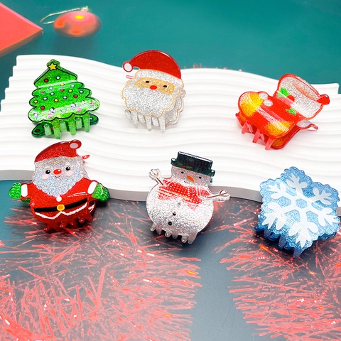 Pinza per Capelli Natalizia in Acrilico Glitterata per Donna Babbo Natale Pupazzo di Neve Albero Fiocco di Neve Festa Gioielli Capelli