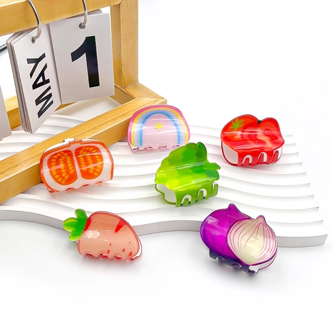 Acrylic Cute Fruit Vegetable Hair Claw Clip Mini Cartoon Tomato Onion Carrot Artichoke Rainbow Shark Clip Handmade Hair Accessories For Women
