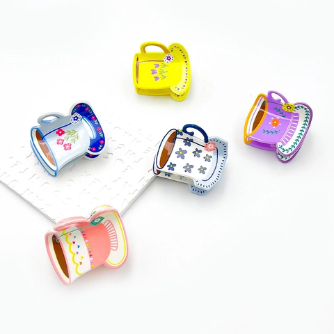 Pince per Capelli Creativa a Forma di Tazza da Tè in Acrilico con Motivo Floreale Accessorio Fatto a Mano per lo Styling Quotidiano Donna