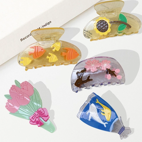 Pinza de Pelo de Acetato Hecha a Mano para Mujer Patrón Floral Vida Marina Pinza de Tiburón Accesorio de Pelo de Verano