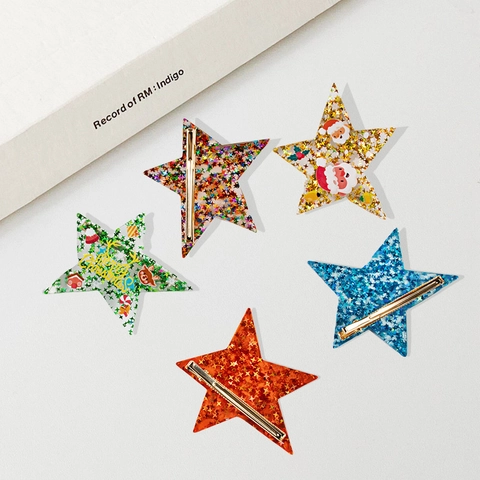Pince à Cheveux Étoile de Noël Acrylique Paillettes Pentagramme Avec Motif Père Noël Bonhomme de Neige Accessoire Femme