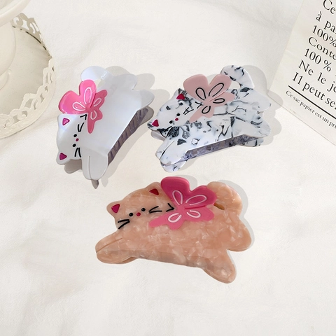 Süße Haarkralle aus Acetat in Katzenform mit Schleife Marmormuster Shark Clip für Damen Haarschmuck