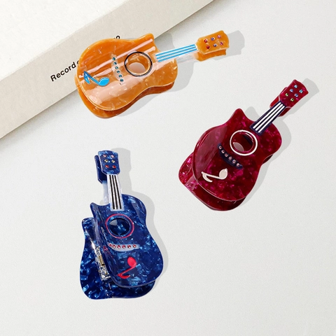 Pince à Cheveux Créative Forme Guitare en Acétate Strass Note de Musique Texture Marbre Grande Pince pour Femme