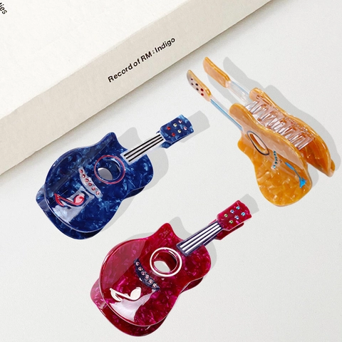 Pince à Cheveux Créative Forme Guitare en Acétate Strass Note de Musique Texture Marbre Grande Pince pour Femme