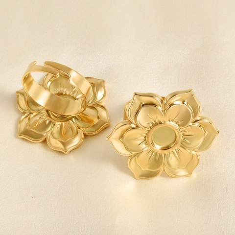 304 Stainless Steel Lotus Flower Ring Base Adjustable Open Finger Ring Blank For DIY Jewelry Making Women Accessories
