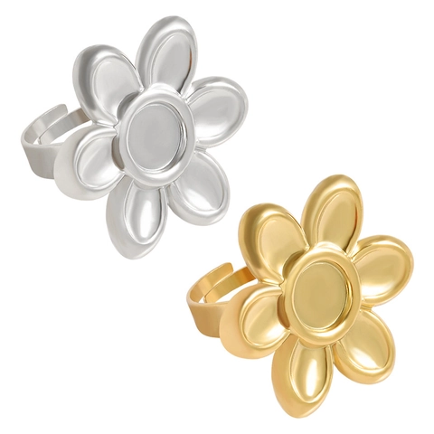 Minimalistische 304 Roestvrijstalen Bloem Open Ring Voor Vrouwen Verstelbaar 18K Goud Verguld Flora DIY Blanco Basis Ring
