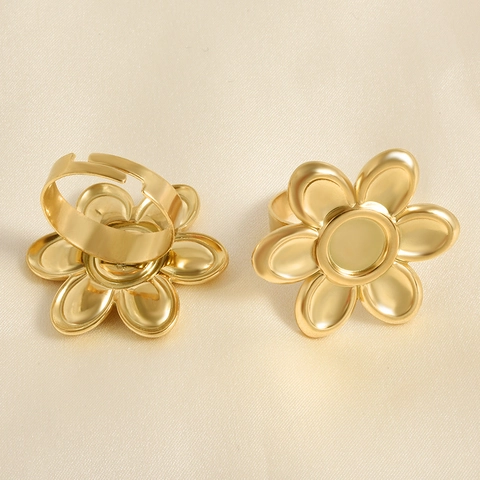 Minimalistische 304 Roestvrijstalen Bloem Open Ring Voor Vrouwen Verstelbaar 18K Goud Verguld Flora DIY Blanco Basis Ring