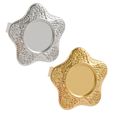 Base de Anillo Abierta Ajustable en Forma de Estrella de Acero Inoxidable Textura Martillada Bandeja Redonda para Hacer Joyas DIY
