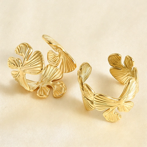Minimalist 304 Stainless Steel Gingko Leaf Butterfly Open Ring Adjustable Hollow Finger Ring For Men Women Fashion Jewelry