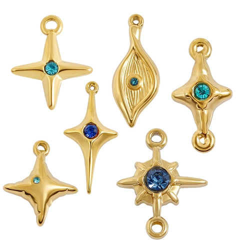 Stainless Steel Four-Pointed Star Pendant With Blue Rhinestone DIY Jewelry Accessory For Necklace Bracelet Keychain