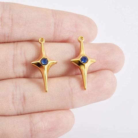 Stainless Steel Four-Pointed Star Pendant With Blue Rhinestone DIY Jewelry Accessory For Necklace Bracelet Keychain
