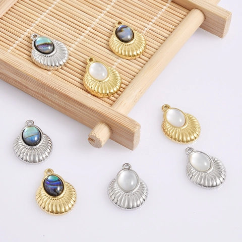 304 Edelstahl Oval Fächerförmiger Anhänger Mit Eingelegter Muschel Elegant Vintage Galvanisiert Schmuckzubehör Für Damen DIY