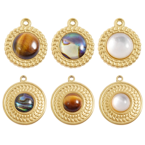 Pendentif Rond en Acier Inoxydable 304 Coquille d'Abalone Naturelle Oeil de Tigre Incrusté Plaqué Or 18K pour Bijoux DIY