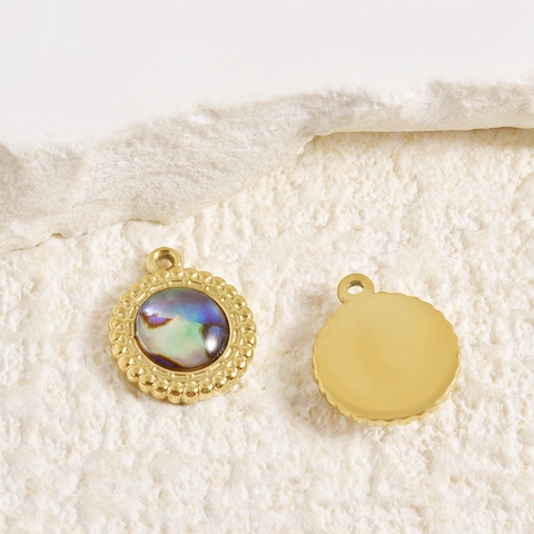 Pendentif Rond en Acier Inoxydable 304 Coquille d'Abalone Naturelle Oeil de Tigre Incrusté Plaqué Or 18K pour Bijoux DIY