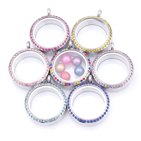 Pendentif Médaillon Flottant Rond en Acier Inoxydable et Verre Avec Strass Zircone Collier Commémoratif pour Femme Bijoux DIY