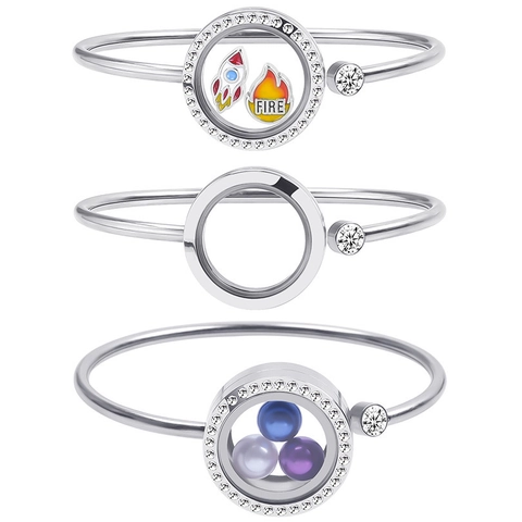 Stainless Steel Floating Locket Bangle Bracelet Round Glass Screw Open Bangle For Women Rhinestone Artificial Pearl Charms Jewelry