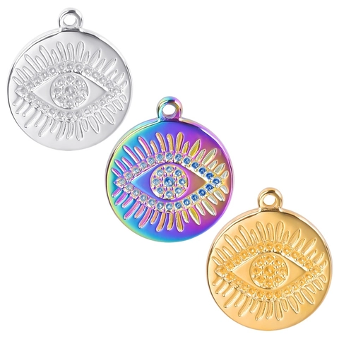 Stainless Steel Evil Eye Rhinestone Round Pendant DIY Jewelry Making Accessories Gold Silver Rainbow Charm For Necklace