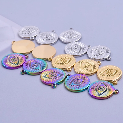 Stainless Steel Evil Eye Rhinestone Round Pendant DIY Jewelry Making Accessories Gold Silver Rainbow Charm For Necklace