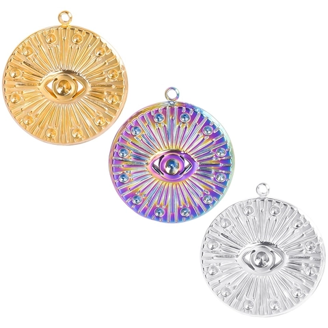 Ciondolo Malocchio in Acciaio Inossidabile Senza Catena Disco Rotondo Raggiera Charm per Creazione Gioielli Accessorio Vintage