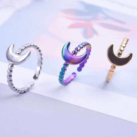 Adjustable Stainless Steel Crescent Moon Ring For Women Men Minimalist Beaded Band Rainbow Gold Polished Open Finger Ring