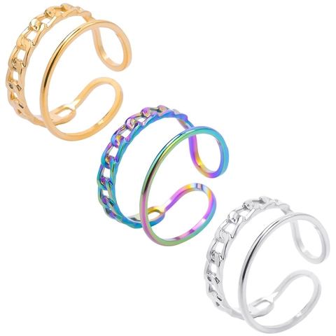 Modern Stainless Steel Double Layer Open Ring Adjustable Cuban Chain Smooth Band Ring Rainbow Gold Silver Unisex Jewelry