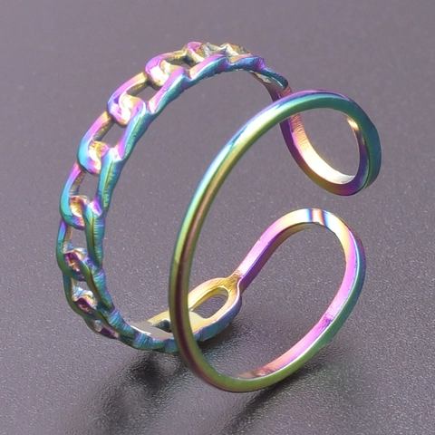 Modern Stainless Steel Double Layer Open Ring Adjustable Cuban Chain Smooth Band Ring Rainbow Gold Silver Unisex Jewelry