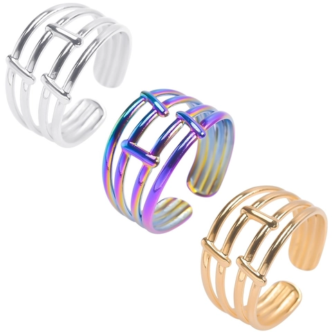 Modern Titanium Steel Hollow Out Ring For Men Women Geometric Multi-Row Adjustable Open Ring Gold Silver Rainbow Jewelry