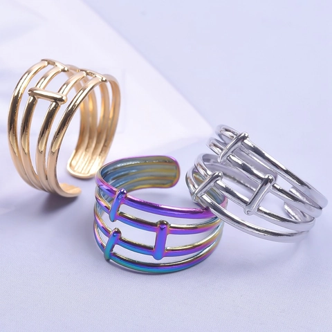 Modern Titanium Steel Hollow Out Ring For Men Women Geometric Multi-Row Adjustable Open Ring Gold Silver Rainbow Jewelry