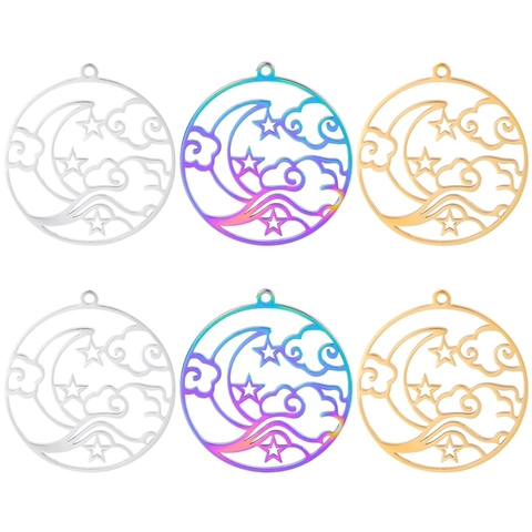 Vintage Stainless Steel Celestial Star Moon Cloud Hollow Pendant Necklace For Women Iridescent Rainbow Gold Silver Necklace Jewelry