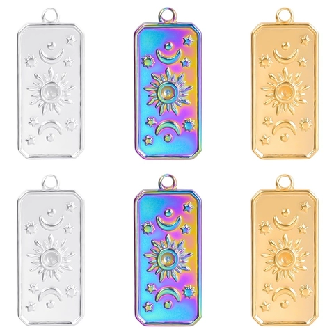 Pendentif Rectangle en Acier Inoxydable Soleil Lune Étoile pour Fabrication de Bijoux DIY Tarot Céleste Or Argent Arc-en-ciel
