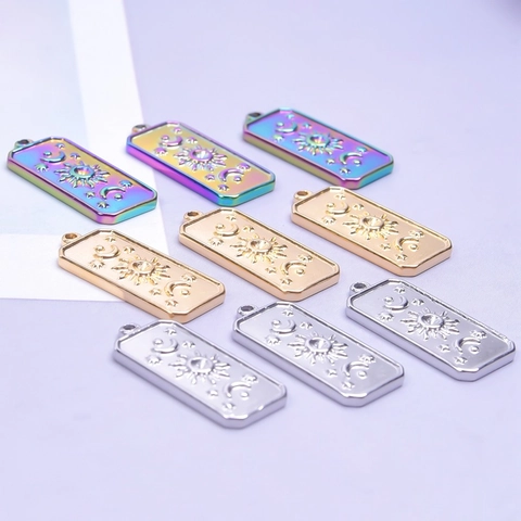 Pendentif Rectangle en Acier Inoxydable Soleil Lune Étoile pour Fabrication de Bijoux DIY Tarot Céleste Or Argent Arc-en-ciel