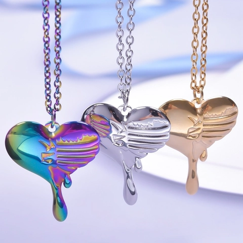 Stainless Steel Melting Heart Pendant Necklace Iridescent Gold Silver Liquid Metal Dripping Heart Y2K Punk Jewelry