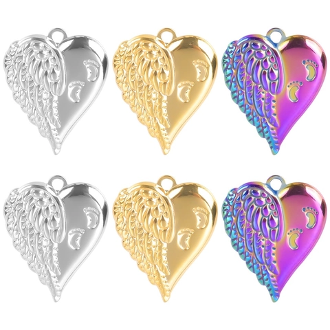 Collier Pendentif Cœur Ailes et Empreintes de Bébé en Acier Inoxydable Or Argent Arc-en-ciel Bijoux Commémoratif pour Femme