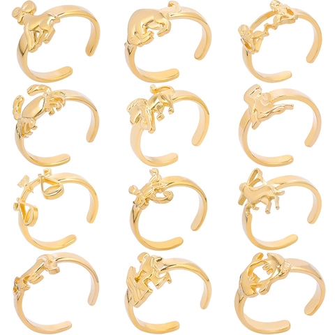 Vintage Stainless Steel 12 Zodiac Signs Open Ring Minimalist Adjustable Animal Lion Scorpion Ring Jewelry For Women Gold Silver