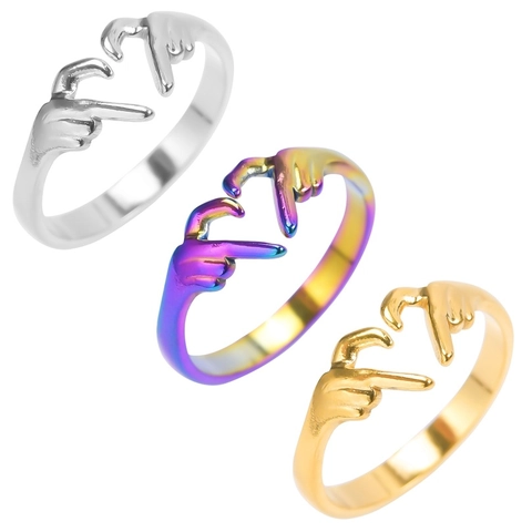 Herz Geste Edelstahl Ring Damen Verstellbar Minimalistisch Gold Silber Regenbogen Finger Schmuck Täglich Party Geschenk