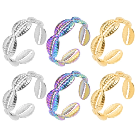 Vintage Stainless Steel Open Adjustable Ring For Women Bohemian Shell Texture Rainbow Gold Silver Metallic Jewelry Gift