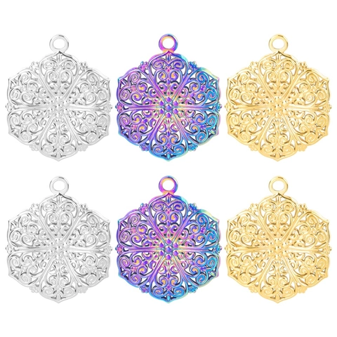 Roestvrij Staal Holle Mandala Bloem Hanger Halsketting Vintage Boheems Etnische Stijl Vacuüm Plating Kleurrijke Sieraden
