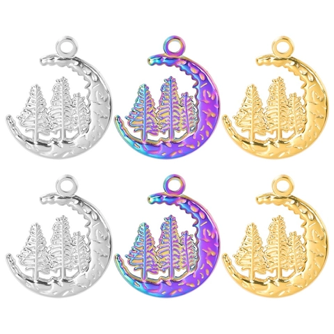 Stainless Steel Moon Tree Pendant Necklace Creative Hollow Out Forest Scene Vacuum Plated Gold Silver Colorful Jewelry