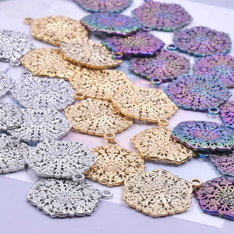 Roestvrij Staal Holle Mandala Bloem Hanger Halsketting Vintage Boheems Etnische Stijl Vacuüm Plating Kleurrijke Sieraden