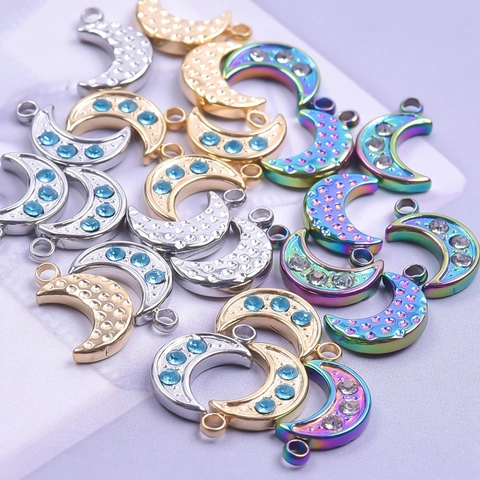 Stainless Steel Moon Pendant Necklace With Rhinestone 18K Gold Plated Crescent Moon DIY Jewelry Accessories For Women