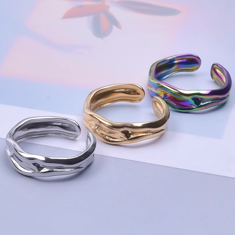 Anillo Abierto de Acero Inoxidable con Textura de Lava para Mujer Anillo Geométrico Ajustable Irregular Joyas de Moda