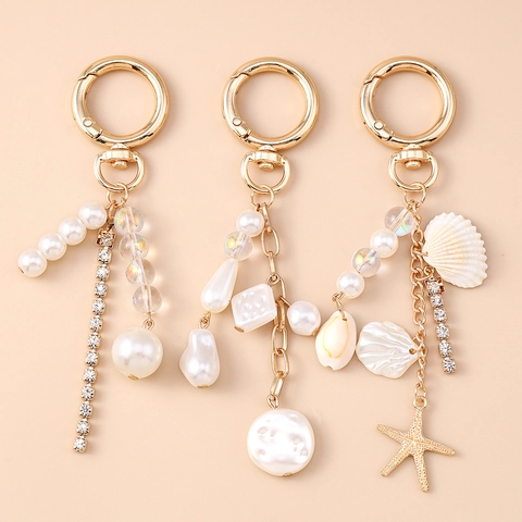 Elegant Zinc Alloy Artificial Pearl Rhinestone Keychain For Women Shell Starfish Bag Charm Summer Ocean Style Jewelry Accessory