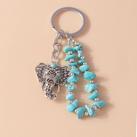 Vintage Elefant Schlüsselanhänger Mit Türkisstein Perlen Ethno-Stil Zinklegierung Hohl Elefant Tasche Anhänger Charm Schlüsselring