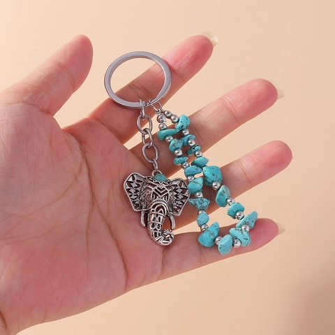 Vintage Elefant Schlüsselanhänger Mit Türkisstein Perlen Ethno-Stil Zinklegierung Hohl Elefant Tasche Anhänger Charm Schlüsselring