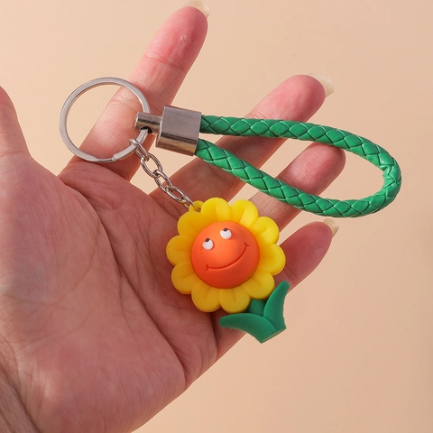 3D Chili Sonnenblume Lächeln Gesicht Harz Schlüsselanhänger Mit Grünem Geflochtenem Seil PU Lederriemen Für Rucksack Anhänger