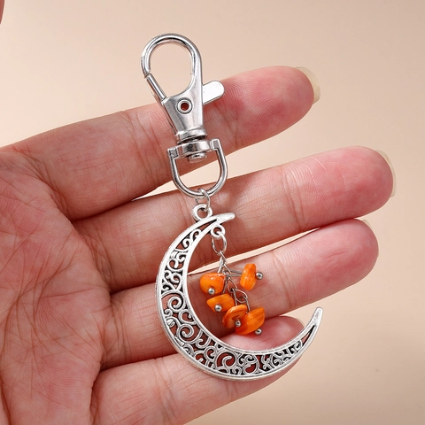 Ethnic Hollow Crescent Moon Keychain Bohemian Style Zinc Alloy Key Ring With Colorful Stone Beads Pendant For Women Bag Accessories